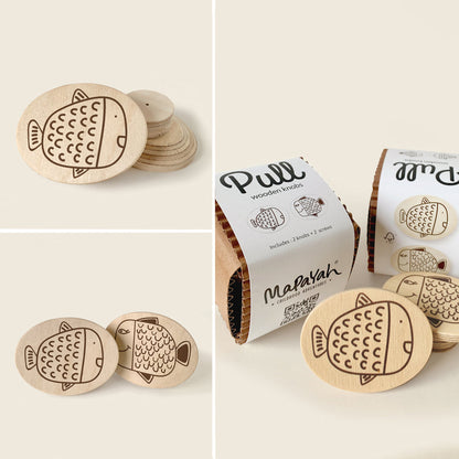 Mapayah PULL Oval wooden drawer knob, Nemo brown design, front angle view