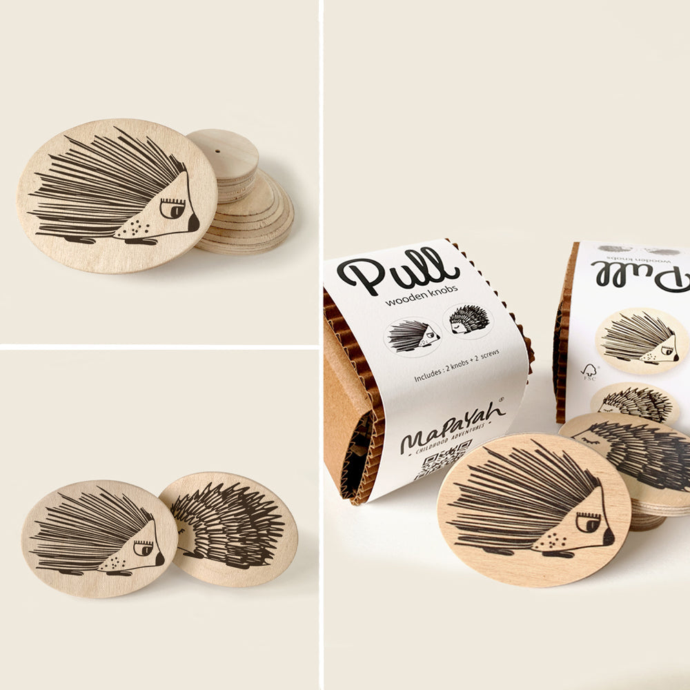 Mapayah PULL Oval wooden drawer knob, Porcupette design, front angle view