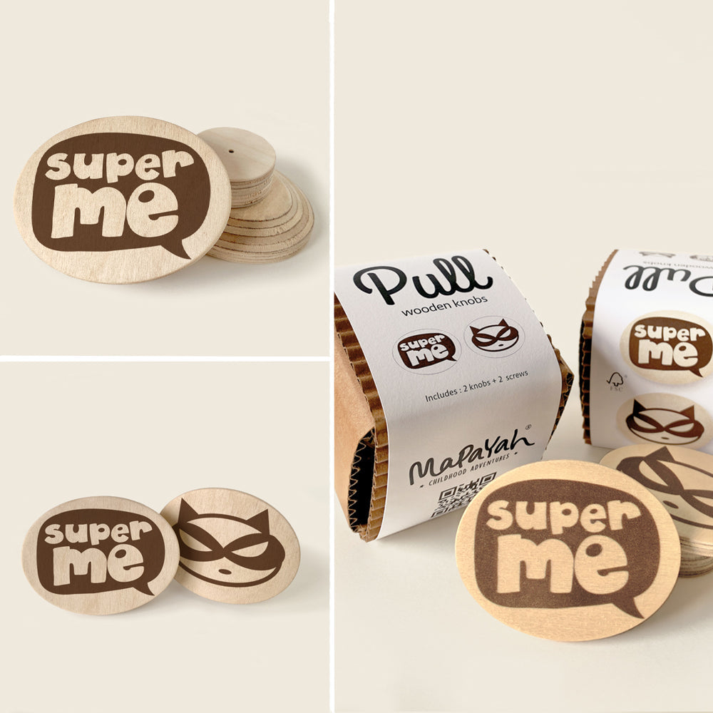 Mapayah PULL Oval wooden drawer knob, Super Me brown design, front angle view