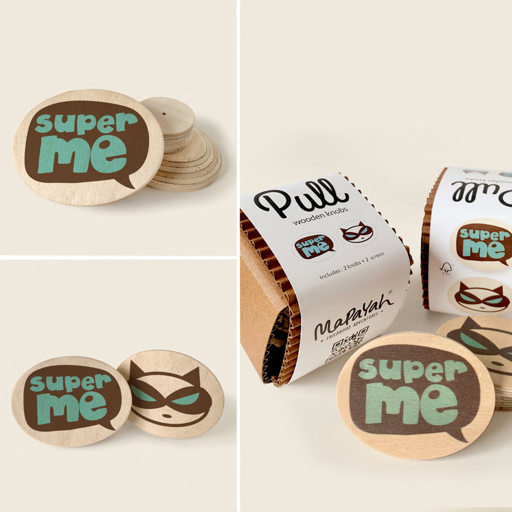 Mapayah PULL Oval wooden drawer knob, Super Me green design, front angle view
