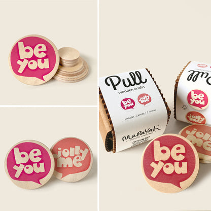 Mapayah PULL Round wooden drawer knob, Be You design, front angle view