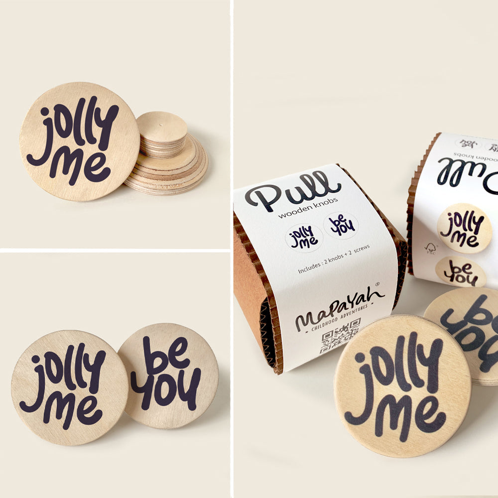 Mapayah PULL Round wooden drawer knob, Jolly Me design, front angle view
