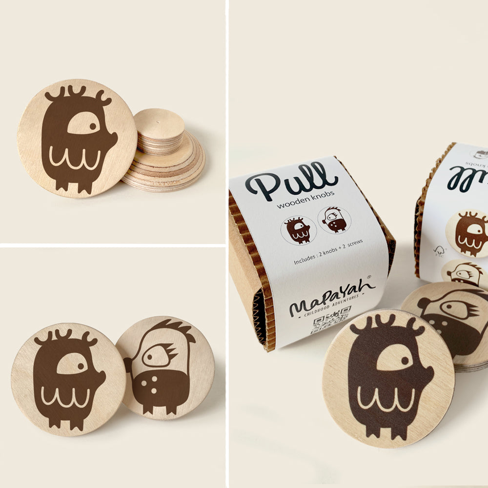 Mapayah PULL Round wooden drawer knob, Oddlings design, front angle view