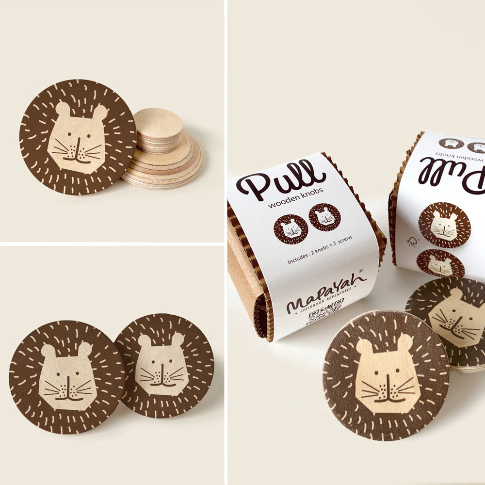 Mapayah PULL Round wooden drawer knob, Simba brown design, front angle view