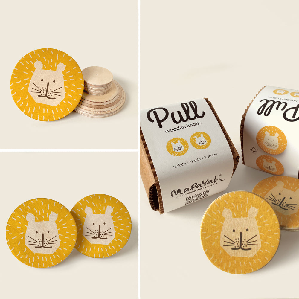 Mapayah PULL Round wooden drawer knob, Simba yellow design, front angle view