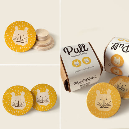 Mapayah PULL Round wooden drawer knob, Simba yellow design, front angle view