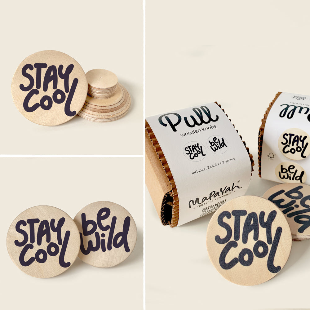 Mapayah PULL Round wooden drawer knob, Stay Cool design, front angle view