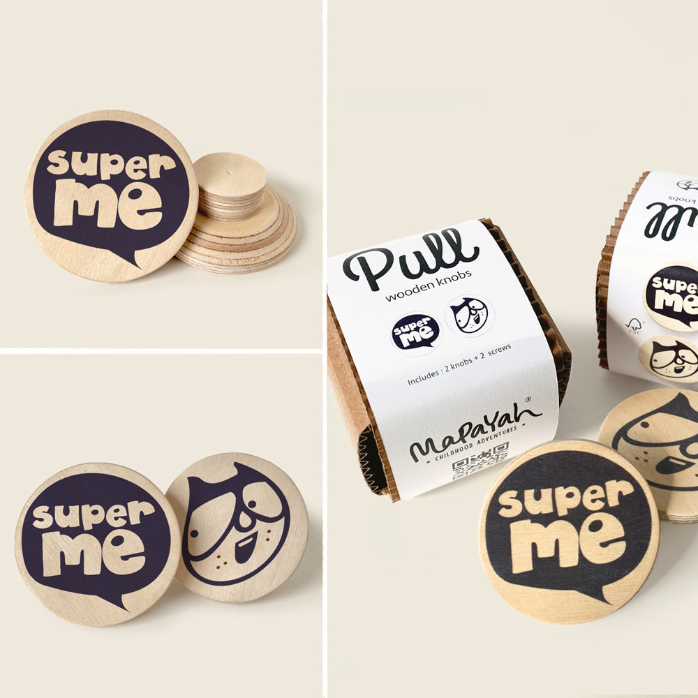 Mapayah PULL Round wooden drawer knob, Super Me design, front angle view