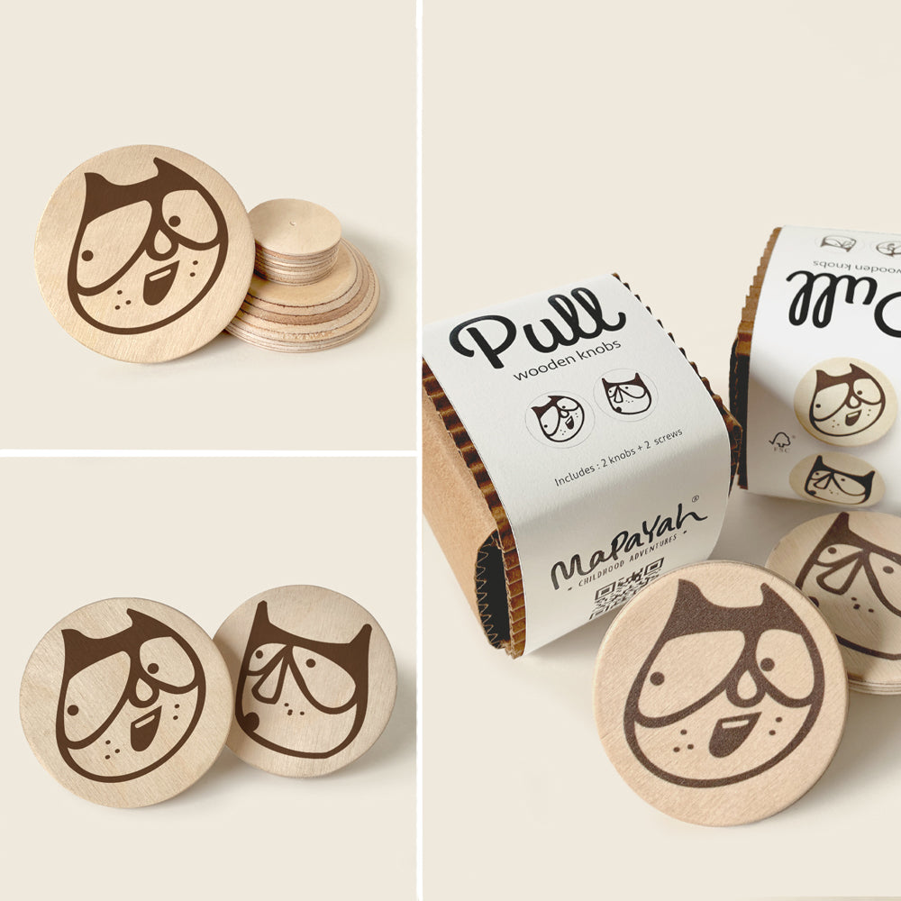 Mapayah PULL Round wooden drawer knob, Superheroes design, front angle view