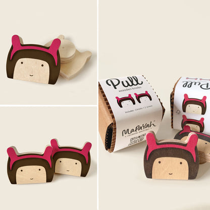 Mapayah PULL Shaped wooden drawer knob, Dorothy pink design, front angle view