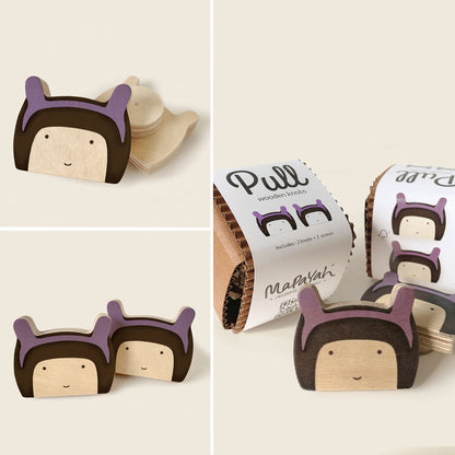 Mapayah PULL Shaped wooden drawer knob, Dorothy purple design, front angle view