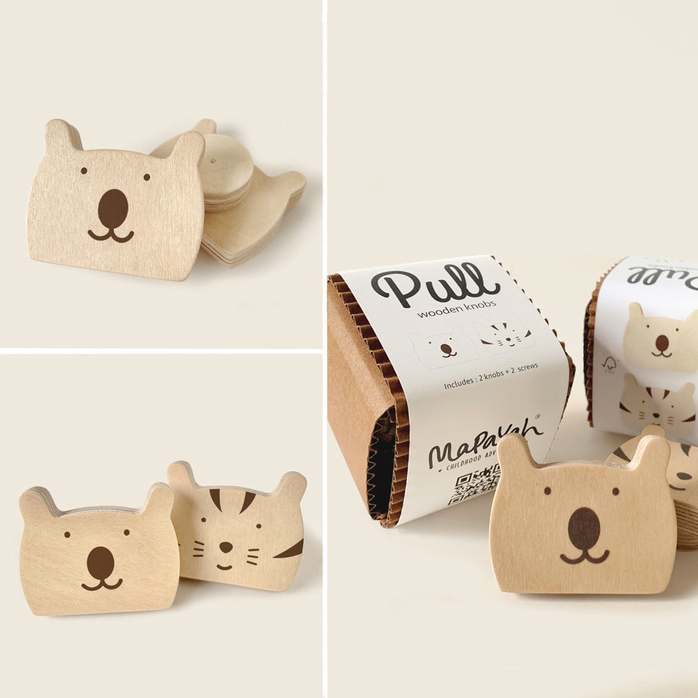Mapayah PULL Shaped wooden drawer knob, Teddy design, front angle view