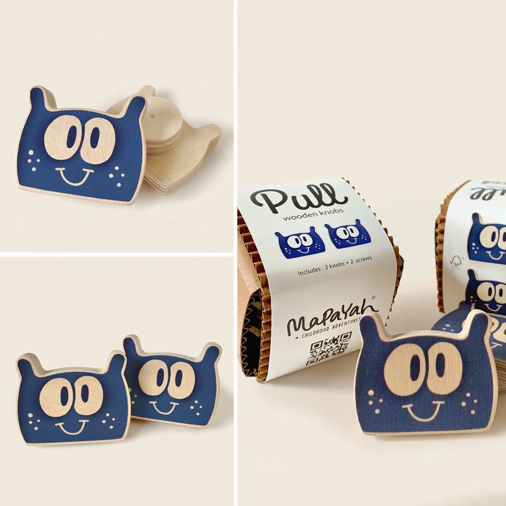 Mapayah PULL Shaped wooden drawer knob, Toon blue design, front angle view