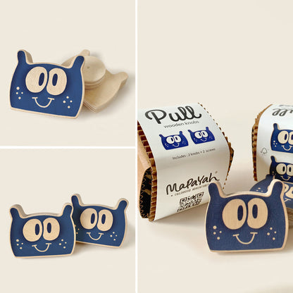 Mapayah PULL Shaped wooden drawer knob, Toon blue design, front angle view