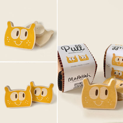 Mapayah PULL Shaped wooden drawer knob, Toon yellow design, front angle view