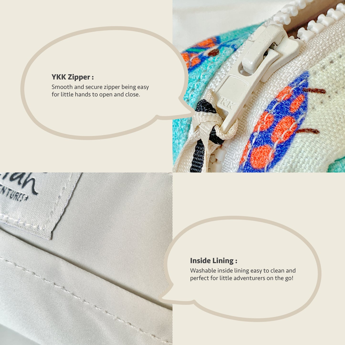 Close-up collage of a small fabric item showing a cream zipper pull with text callouts about a YKK zipper and inside lining, plus a partial view of a white stitched fabric area.