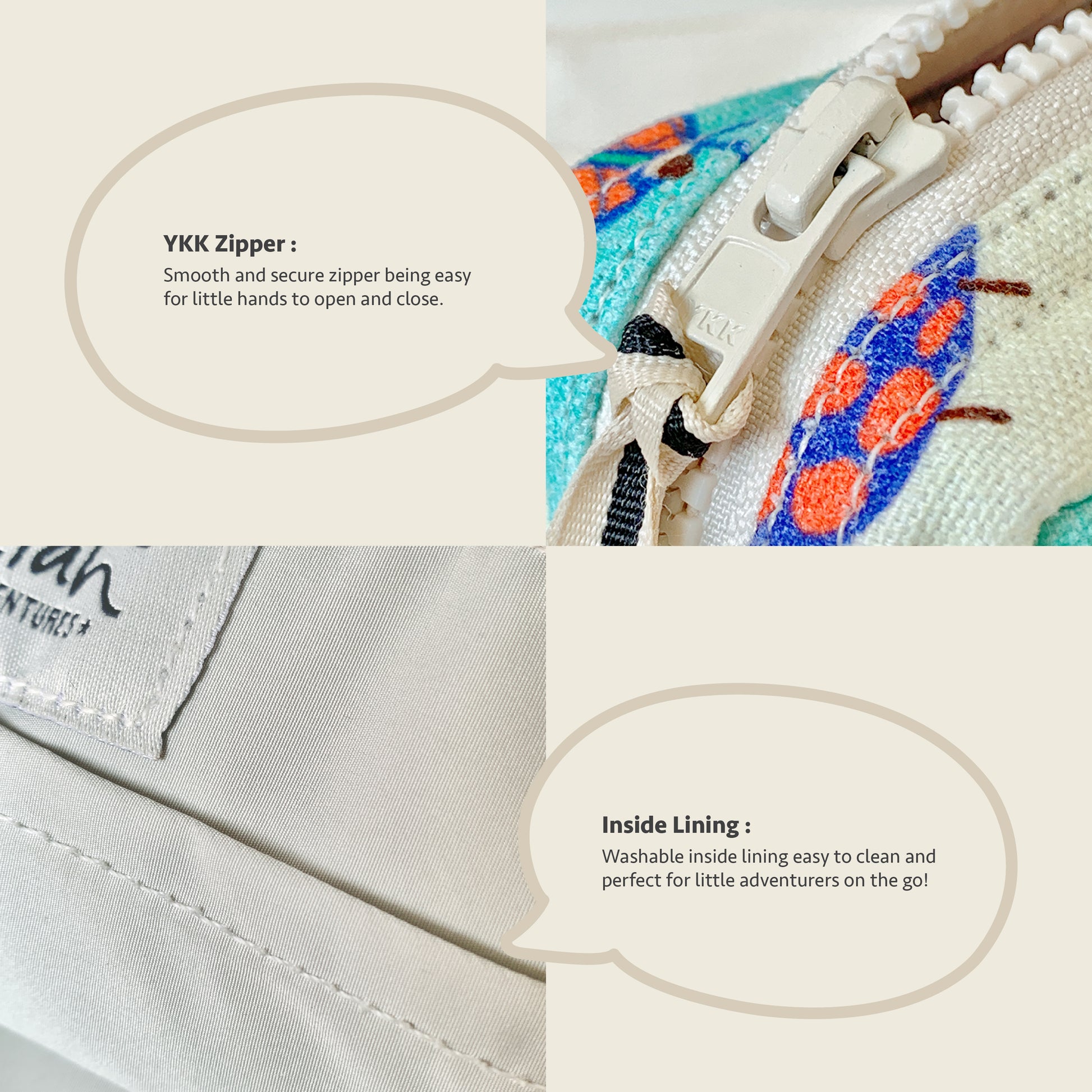 Close-up collage of a small fabric item showing a cream zipper pull with text callouts about a YKK zipper and inside lining, plus a partial view of a white stitched fabric area.