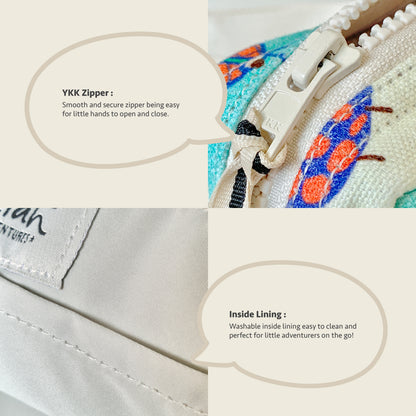 Close-up collage of a small fabric item showing a cream zipper pull with text callouts about a YKK zipper and inside lining, plus a partial view of a white stitched fabric area.