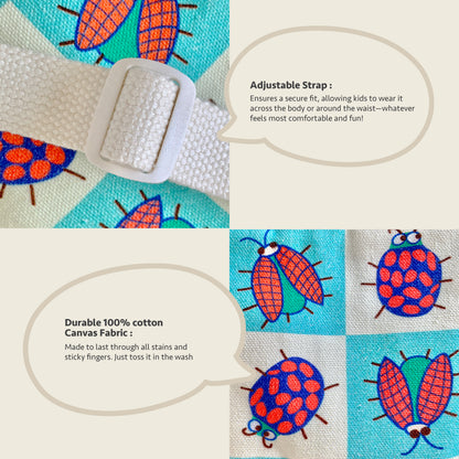 A product detail collage showing a children's waist strap with an adjustable white plastic buckle, alongside close-up views of the printed fabric. The fabric features a colorful pattern of ladybugs on a light blue and white checkered background.