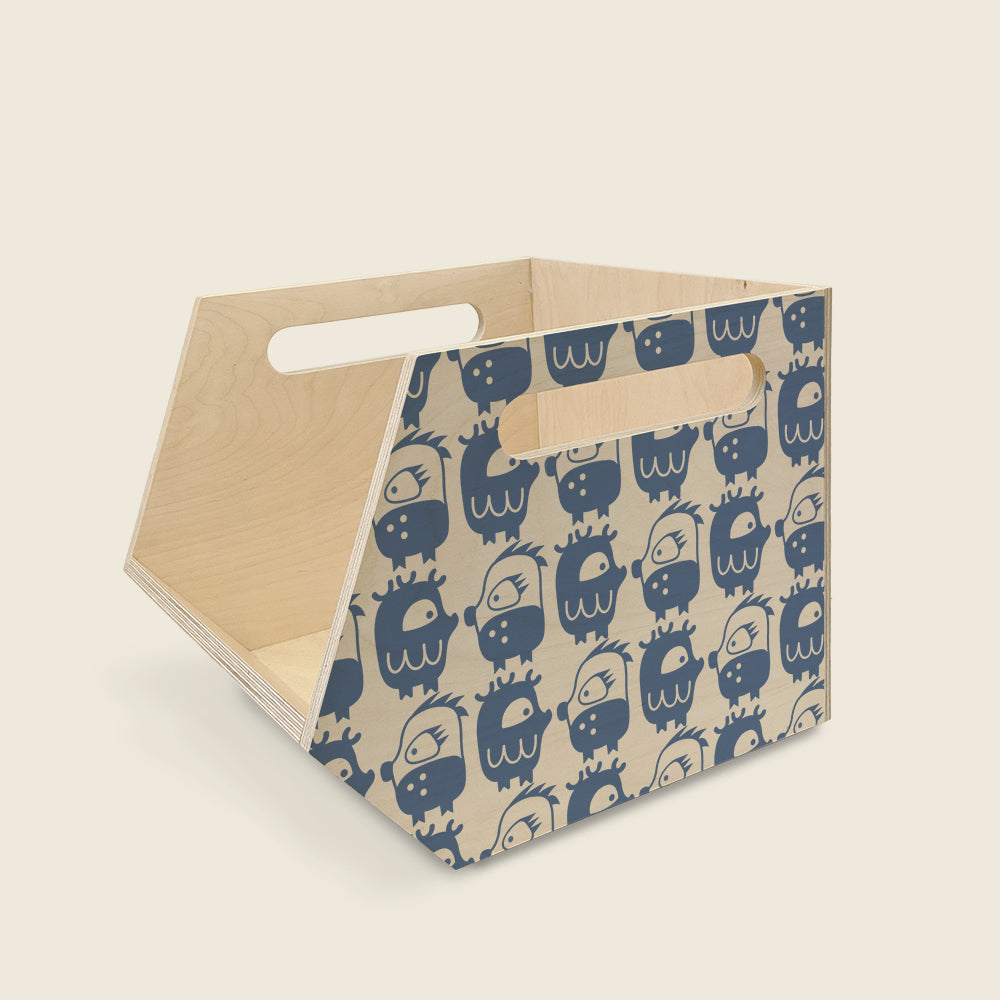 Mapayah STACK Oddlings wooden stackable storage bins in blue, left angle view