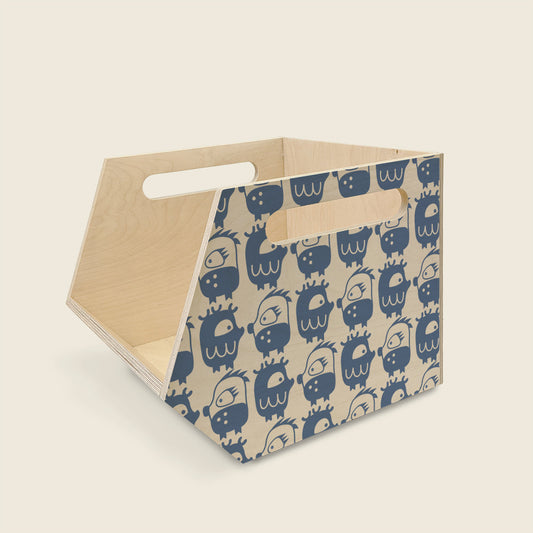 Mapayah STACK Oddlings wooden stackable storage bins in blue, left angle view