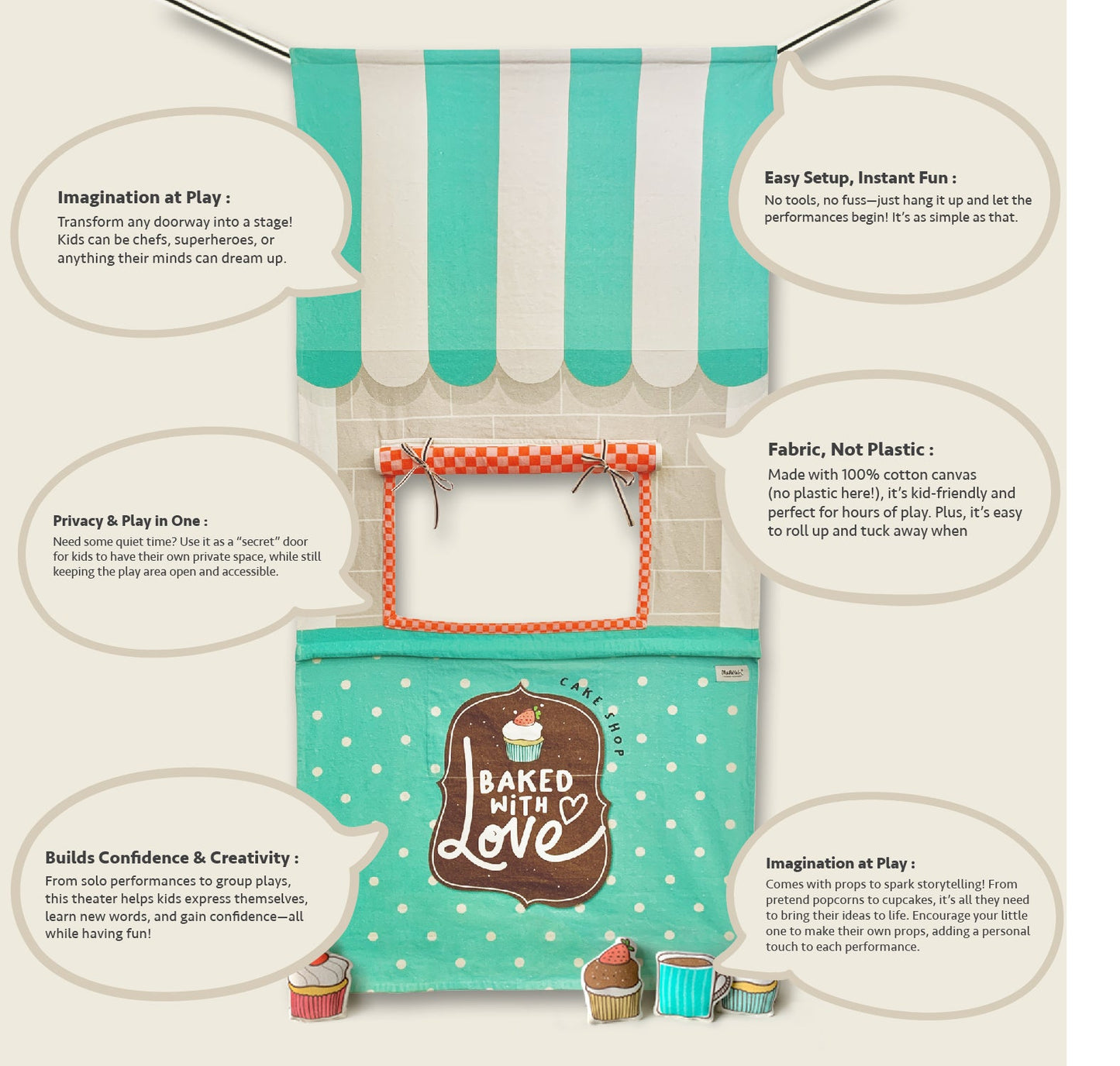 Infographic of the Mapayah Stage Café doorway curtain surrounded by speech bubbles highlighting imaginative play, easy no-tools setup, 100% cotton canvas construction, privacy play space, confidence-building role play, and included storytelling props like stuffed cupcakes and a mug.