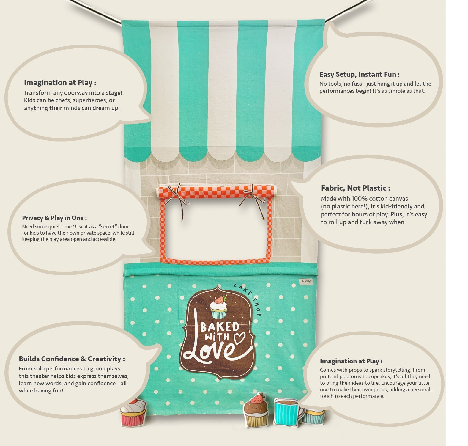 Infographic of the Mapayah Stage Café doorway curtain surrounded by speech bubbles highlighting imaginative play, easy no-tools setup, 100% cotton canvas construction, privacy play space, confidence-building role play, and included storytelling props like stuffed cupcakes and a mug.