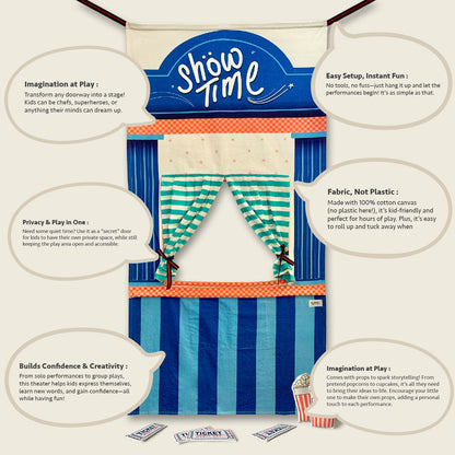 Infographic of the Mapayah STAGE Theatre doorway curtain surrounded by speech bubbles highlighting imaginative play, easy no-tools setup, 100% cotton canvas construction, privacy play space, confidence-building role play, and included storytelling props like stuffed popcorn and tickets.