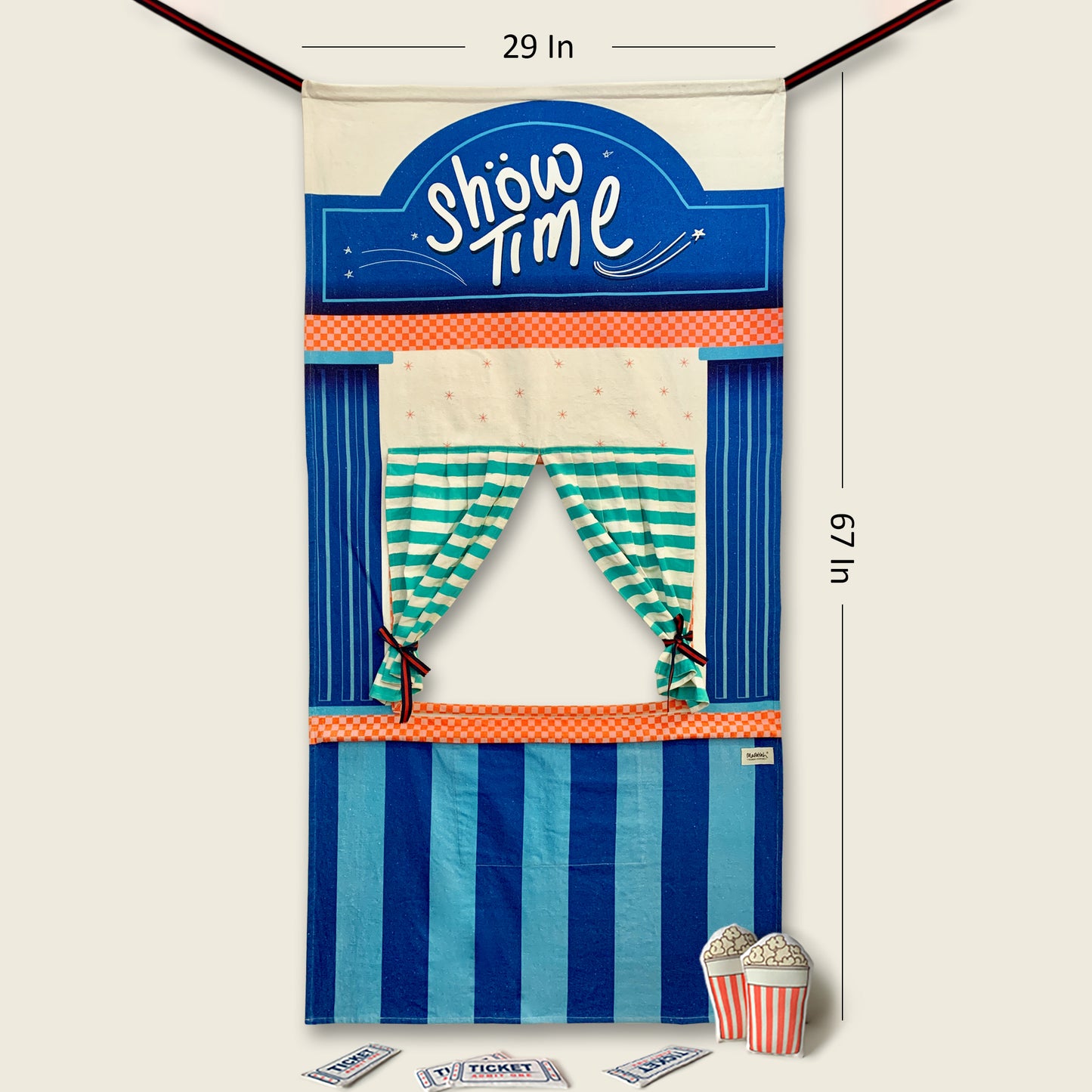 Size and dimensions diagram of the Mapayah STAGE Theatre doorway curtain, measuring 29 x 67 inches, shown with its "Show Time" marquee, striped stage curtains, and stuffed popcorn props.