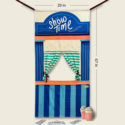 Size and dimensions diagram of the Mapayah STAGE Theatre doorway curtain, measuring 29 x 67 inches, shown with its "Show Time" marquee, striped stage curtains, and stuffed popcorn props.