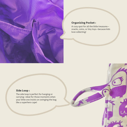 Close-up feature detail of Mapayah TRAVEL Oddling Purple kids toilet bag, zip closure