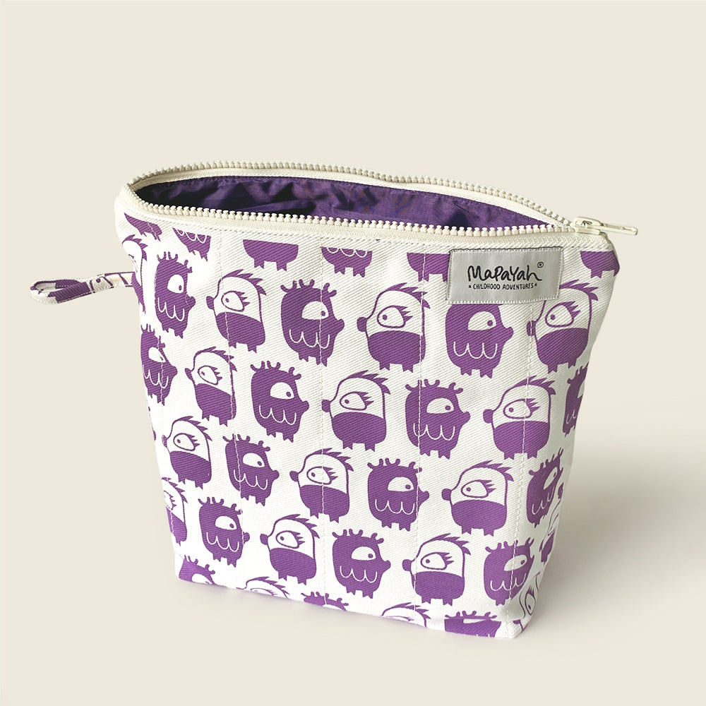 Mapayah TRAVEL Oddling Purple kids toilet bag shown open, revealing inner lining