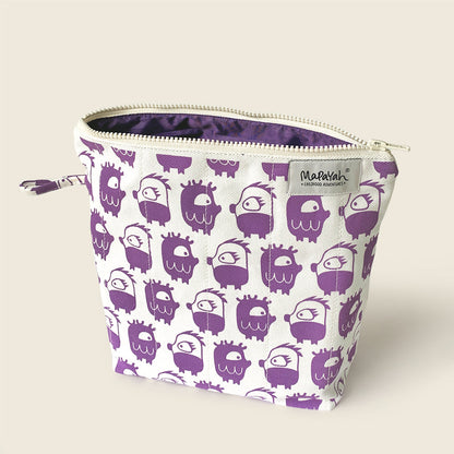 Mapayah TRAVEL Oddling Purple kids toilet bag shown open, revealing inner lining