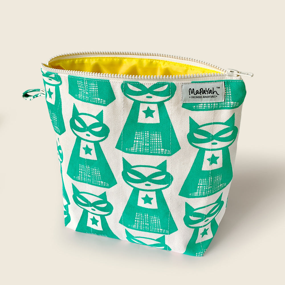 Mapayah TRAVEL Supermeow Green kids toilet bag shown open, revealing inner lining