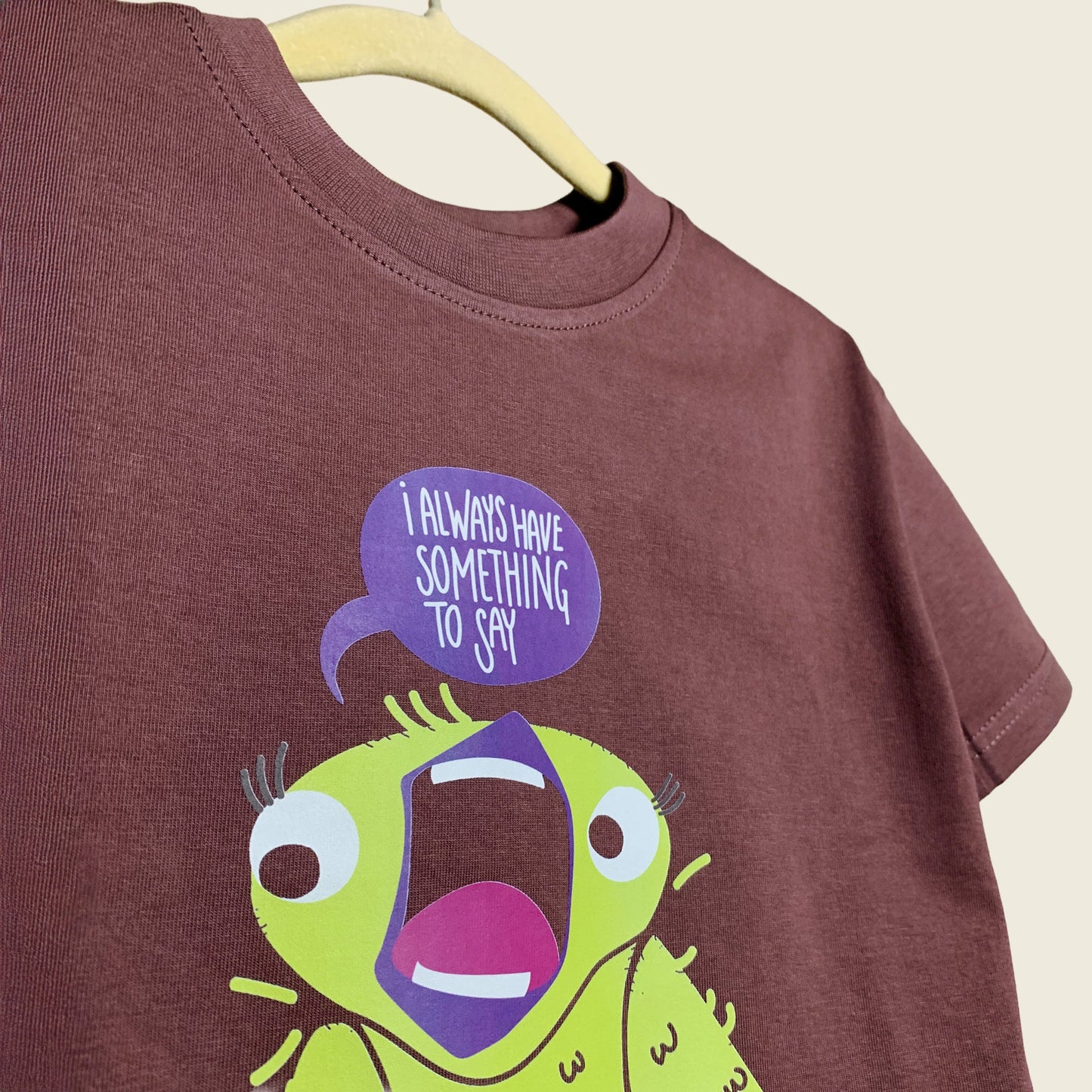 Close-up of I Have Something to Say print on Mapayah kids t-shirt