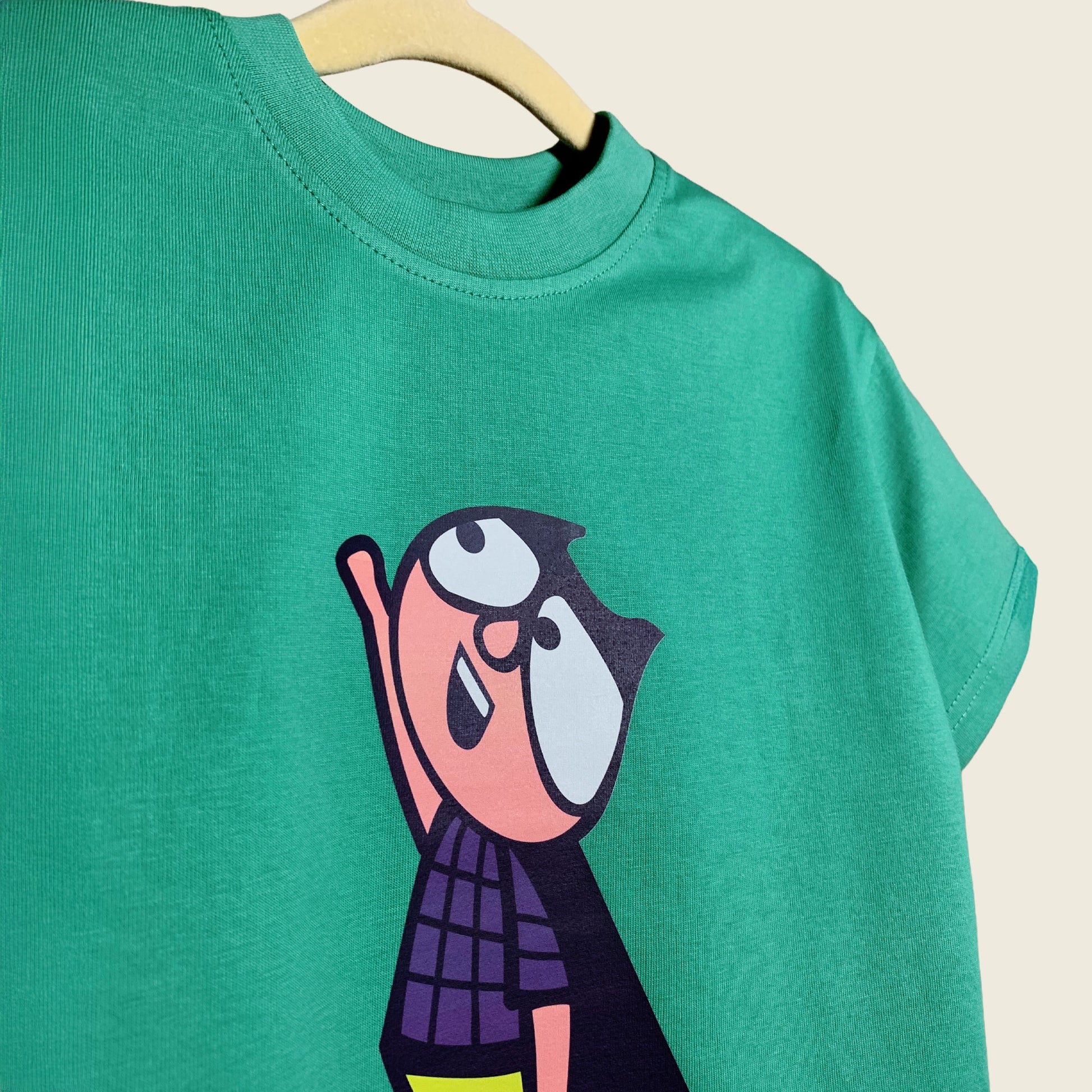 Close-up of Super Me print on Mapayah kids t-shirt