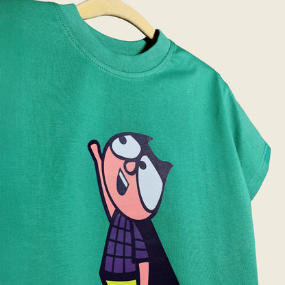 Close-up of Super Me print on Mapayah kids t-shirt