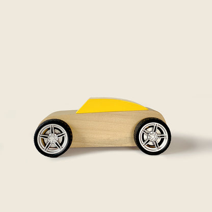 Mapayah WHEELS Race Yellow wooden kids toy car, front angle view