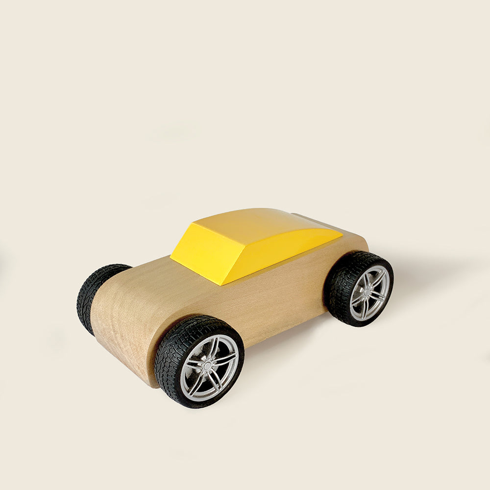 Mapayah WHEELS Race Yellow wooden kids toy car, right angle view
