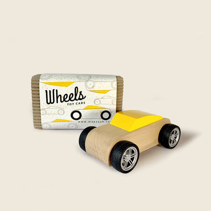 Mapayah WHEELS Race Yellow wooden kids toy car shown with its packaging