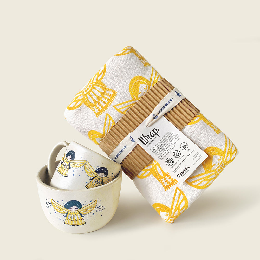 Mapayah WRAP and FEAST bath towel with ceramic mug and bowl set, Angela print