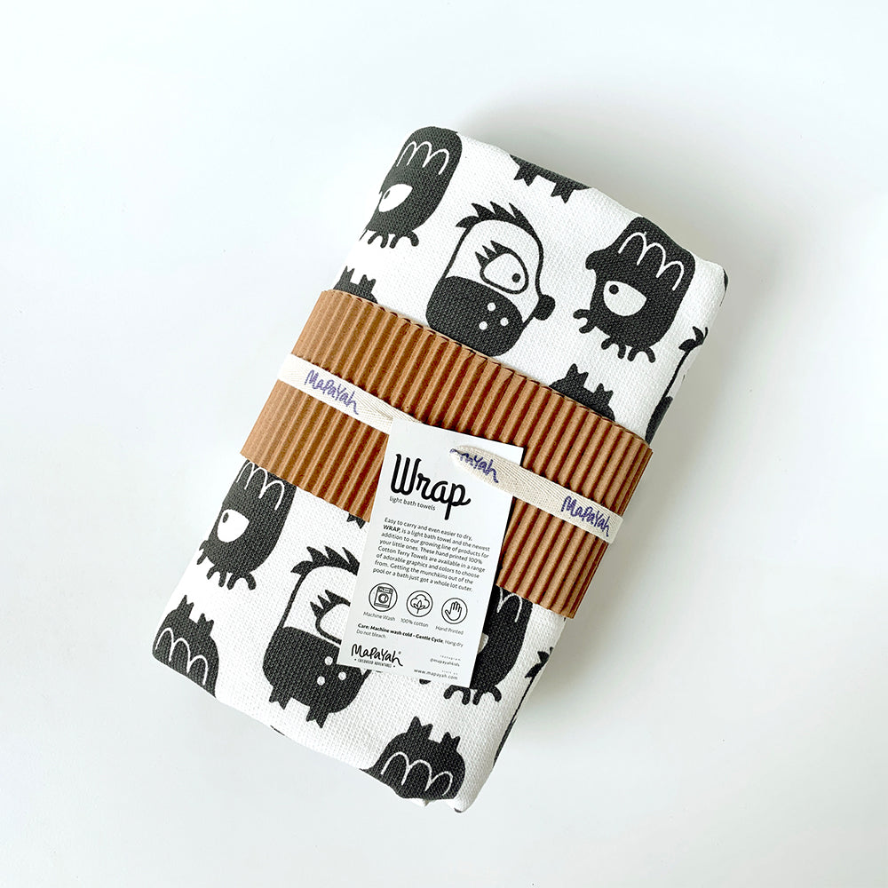 Mapayah WRAP Oddlings Grey kids bath towel, front angle view