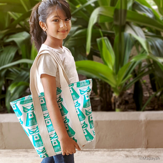 FERRY - Supermeow : Hand-Printed 100% Cotton Kids Tote Bag by MAPAYAH - Mapayah