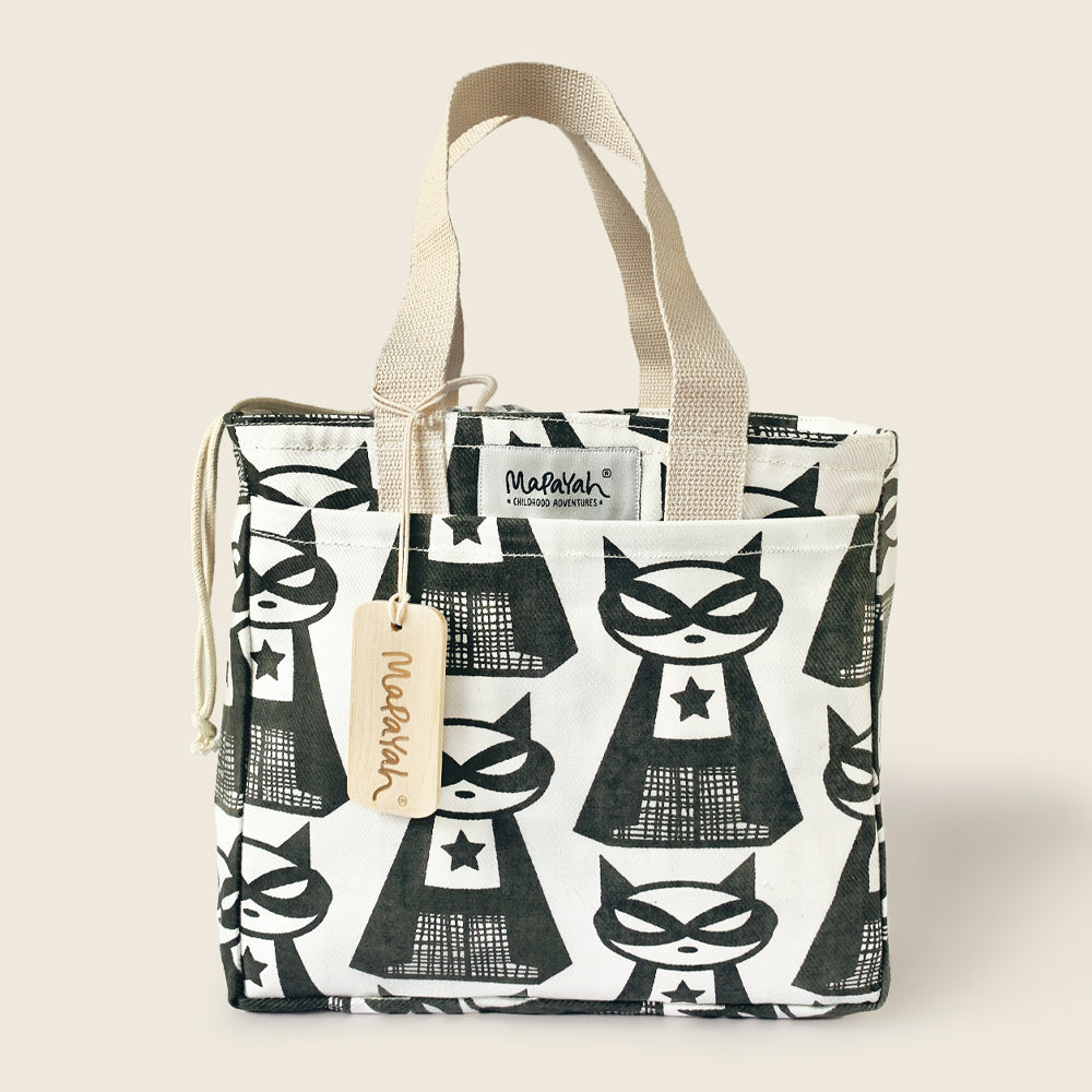 PACK - Supermeow Carbon : Hand-Printed 100% Cotton Kids Carry Bag by MAPAYAH