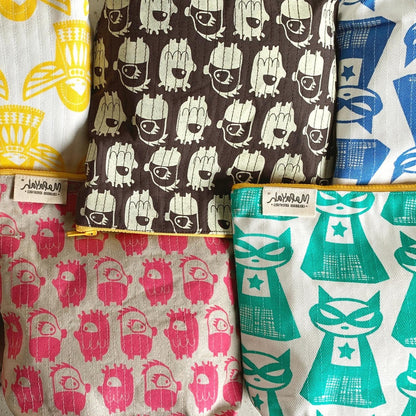 TRAVEL - Supermeow Green : Hand-Printed 100% Cotton Kids Toilet Bag by MAPAYAH - Mapayah