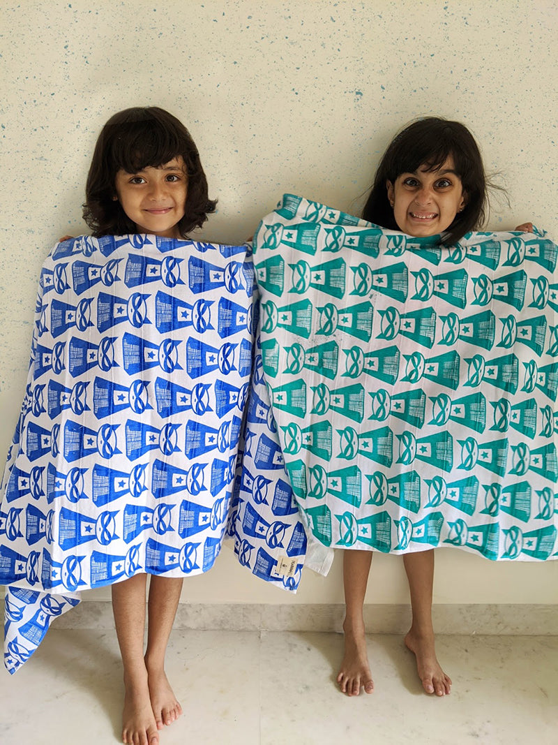 WRAP - Supermeow Blue : Lightweight 100% Cotton Kids Bath Towel by MAPAYAH - Mapayah